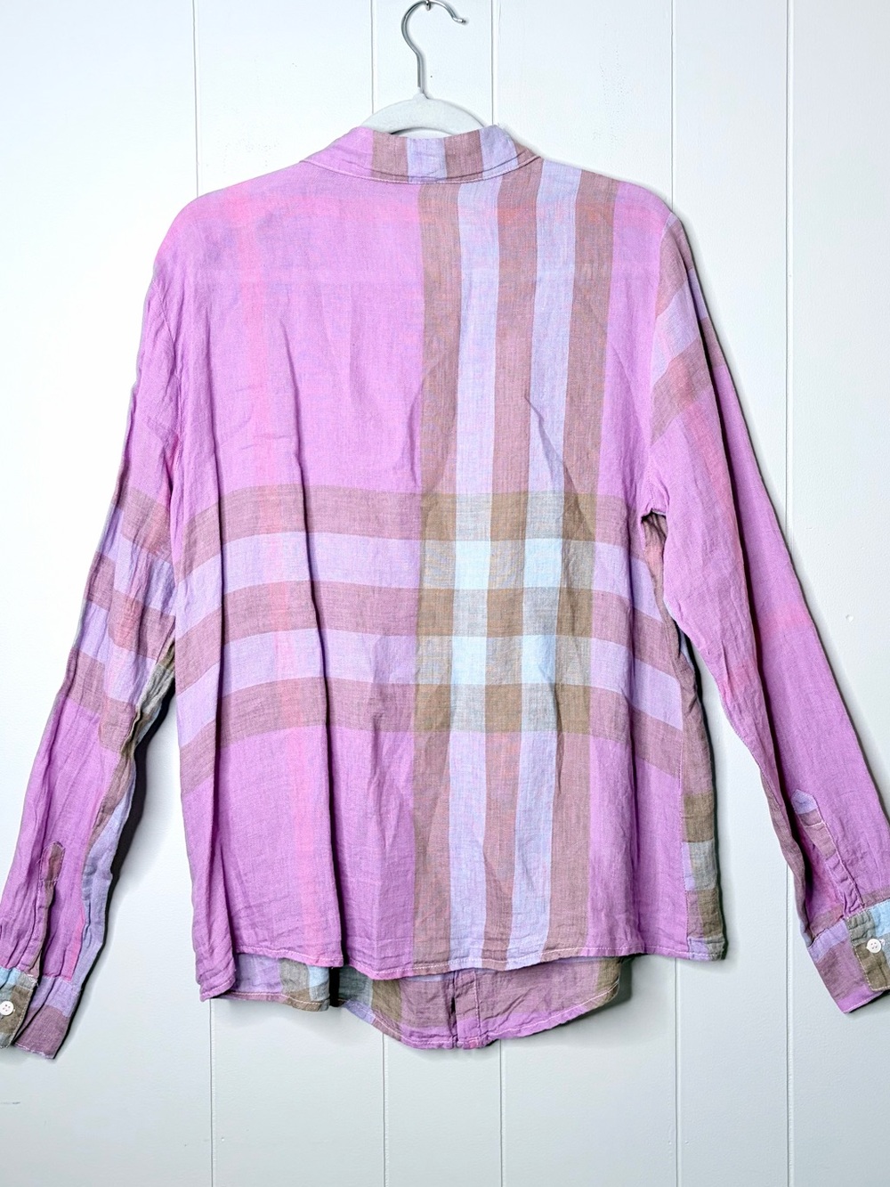 CP Shades 100% Linen Plaid Madras Button Down Shirt Fuschia Tan Women’s Large - Picture 8 of 8